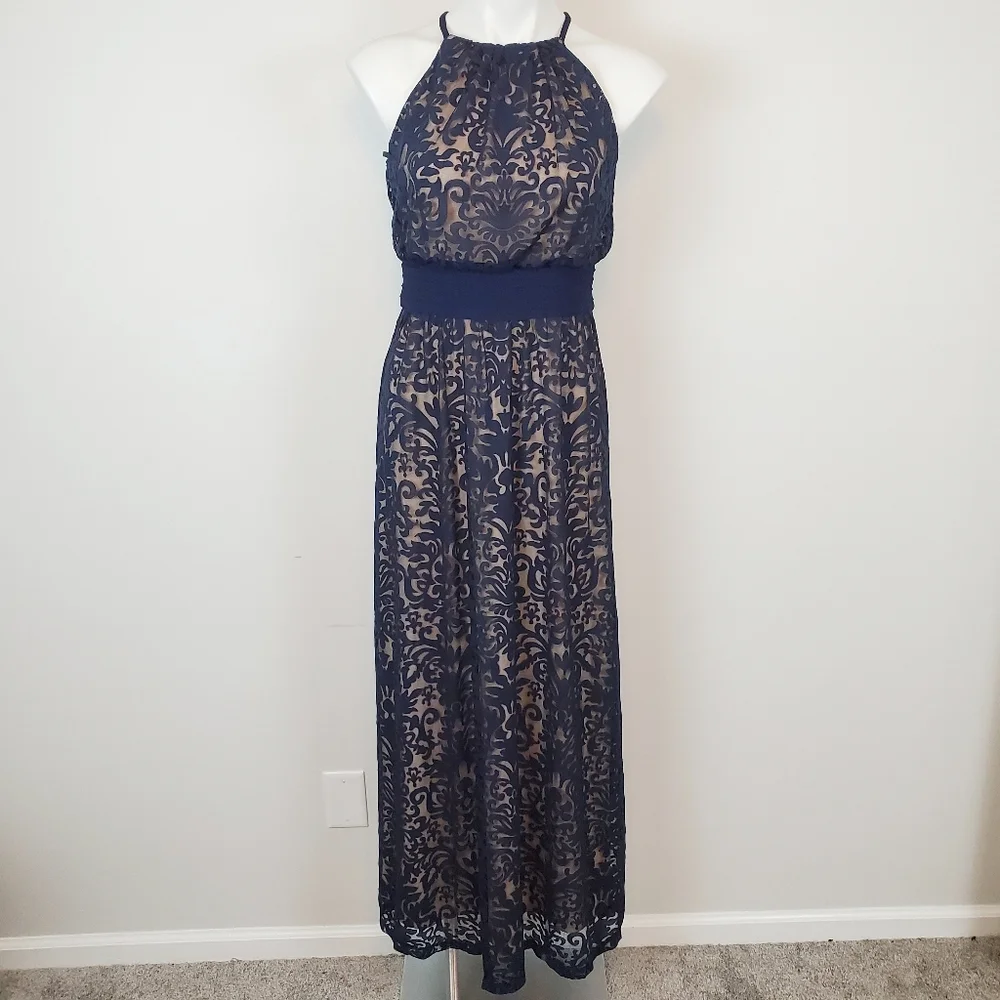 MAGGY LONDON | Blue Lace Halter Maxi Dress - Picture 2 of 7